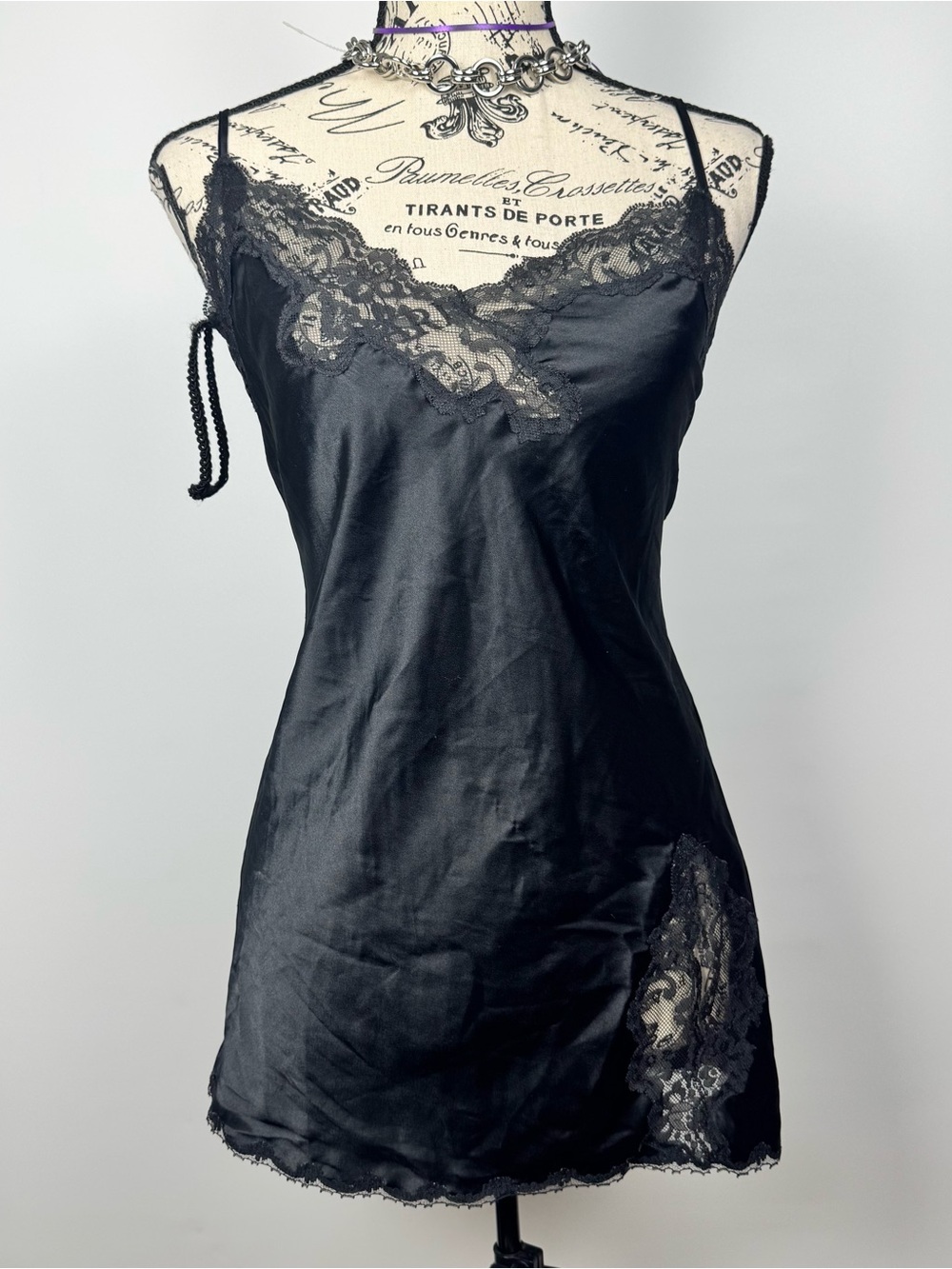 Victoria's Secret Black Satin Slip Dress with Lace Trim